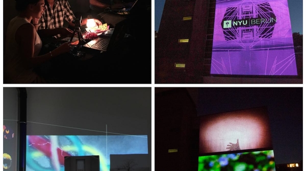 Four images showing examples of multimedia projects including 3D projection mapping by Max Nova.